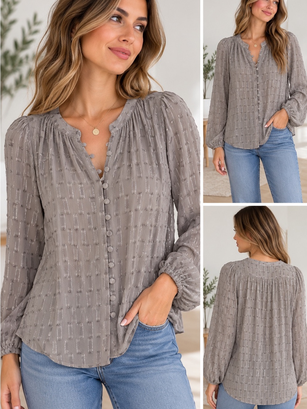 LOVESTITCH Gray Metallic Textured Button Front Blouse